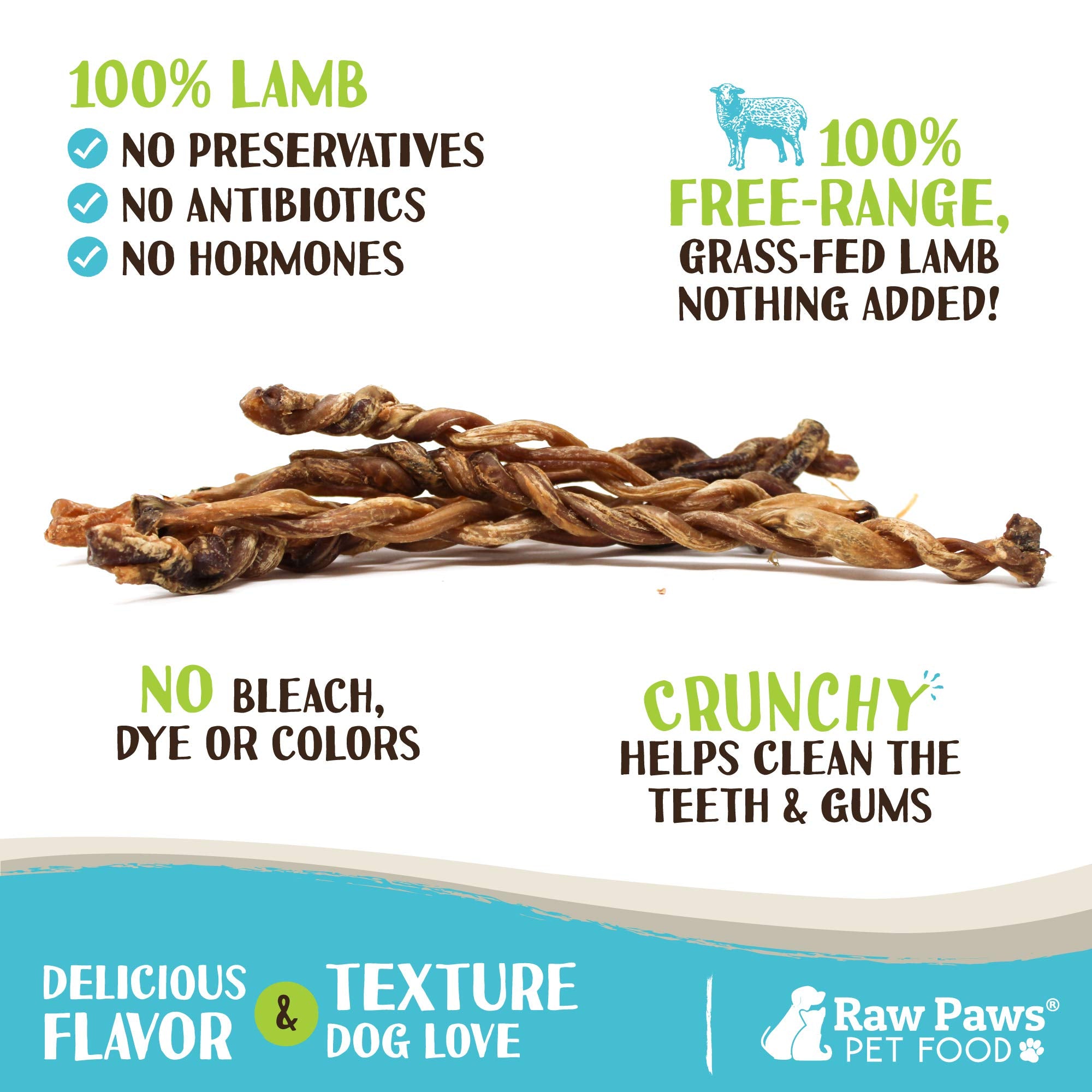 Raw Paws lamb pizzle twists closeup texture highlights braided, digestible chew