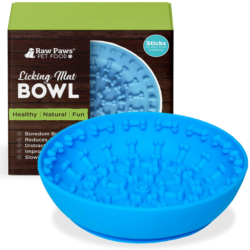 Raw Paws Licking Mat Bowl bath-time-use promotes calm grooming sessions.