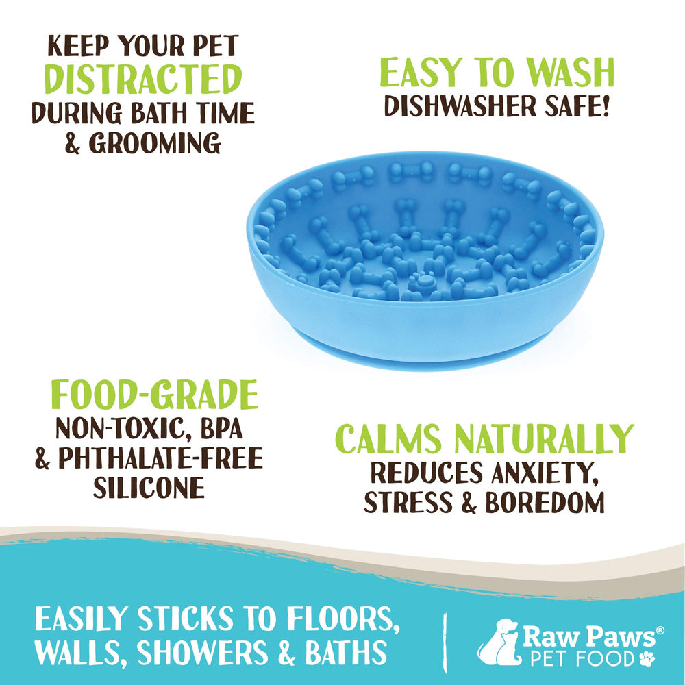 Raw Paws Licking Mat Bowl suction-on-surface demonstrates secure placement during baths.