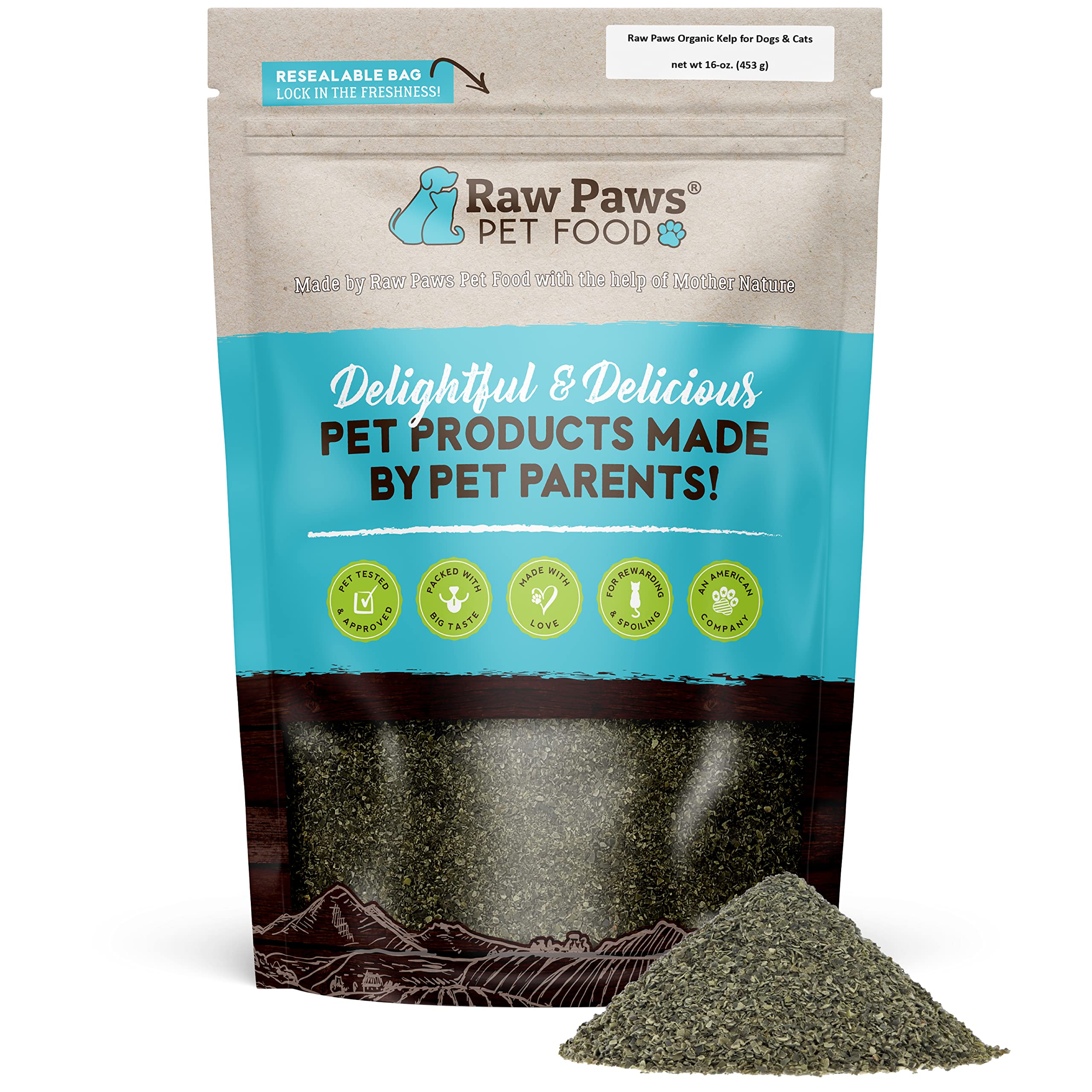 Raw Paws Organic Kelp Powder bottle highlighting immune-support minerals for pets