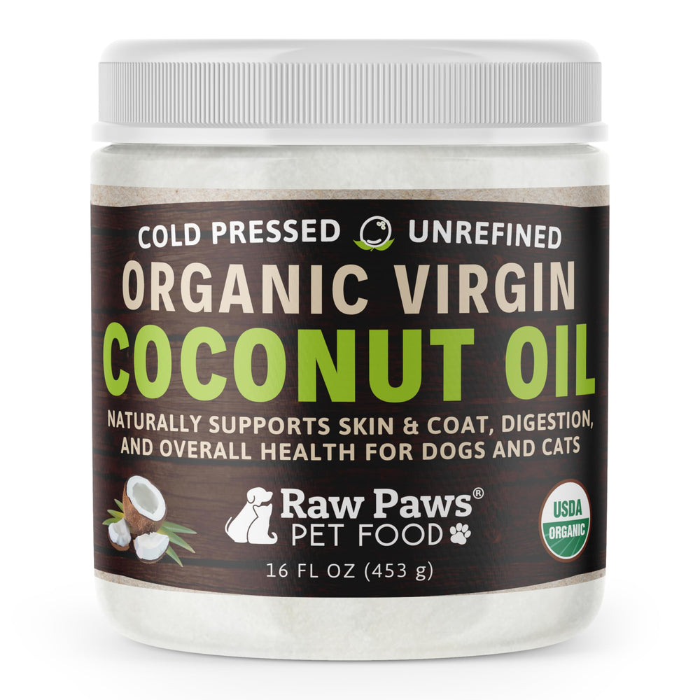 Raw Paws organic virgin coconut oil bottle for dogs and cats supports immune system and digestion.