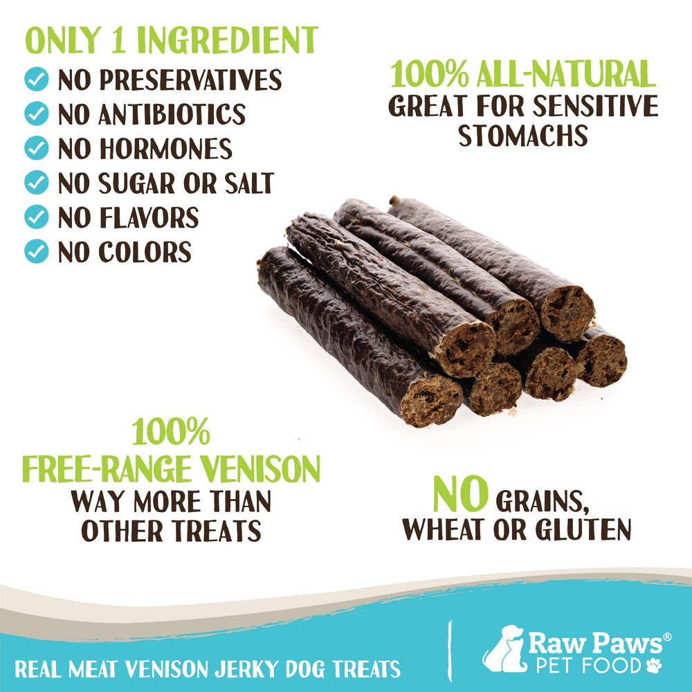 Raw Paws venison jerky ingredient label emphasizes natural, additive-free single-ingredient dog snack.