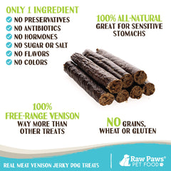 Raw Paws venison jerky ingredient label emphasizes natural, additive-free single-ingredient dog snack.