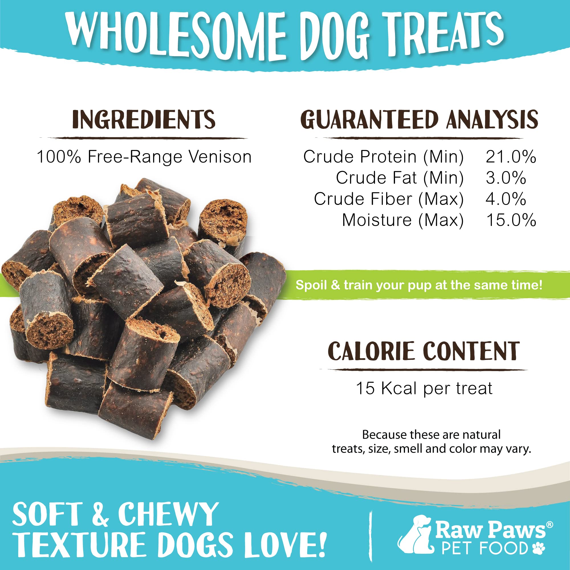 Raw Paws venison jerky training pieces for quick, motivating training rewards.