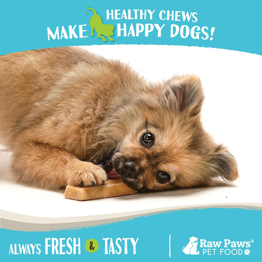 Raw Paws calming yak chews pictured as soothing treats for anxious or bored dogs.