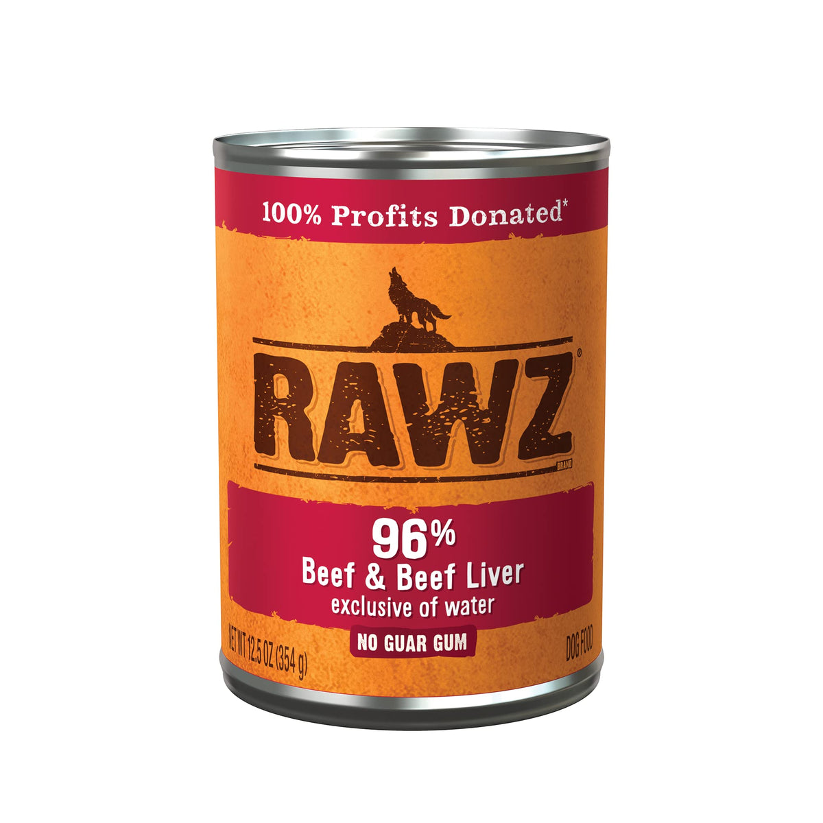 Rawz 96% Meat dog food cans show beef content for complete meals.