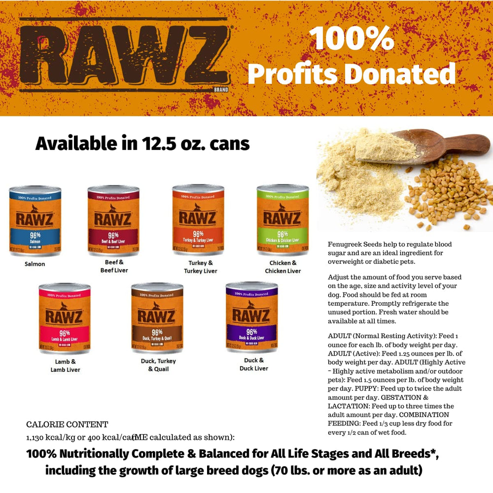 Rawz 96% meat wet dog food cans on shelf highlighting BPA-free linings