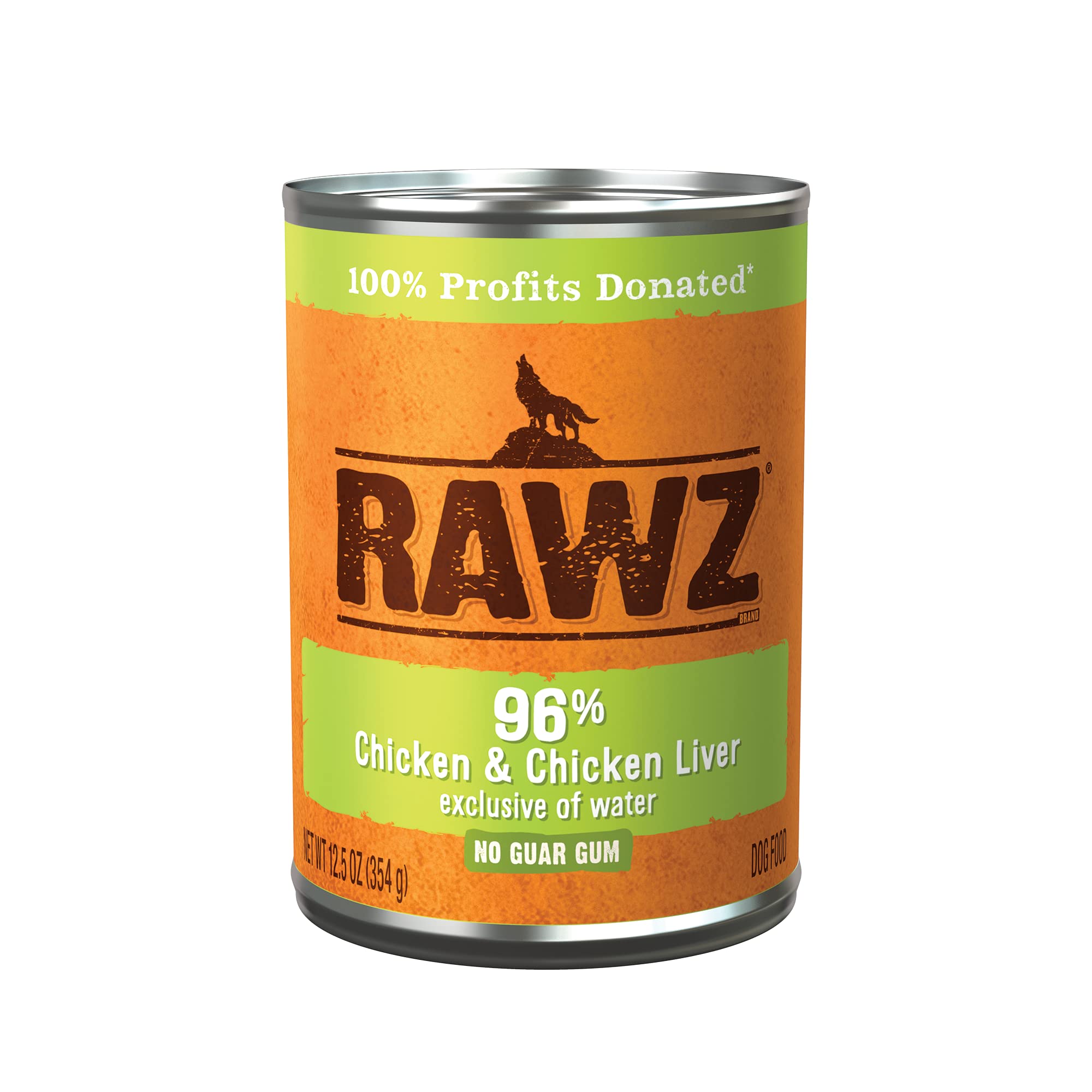 Rawz 96% meat wet dog food chicken can close-up shows protein-forward formula