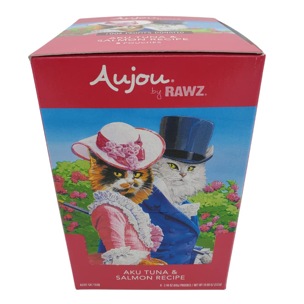 Rawz Aujou Aku tuna-salmon cat food ingredients highlighting tuna and salmon