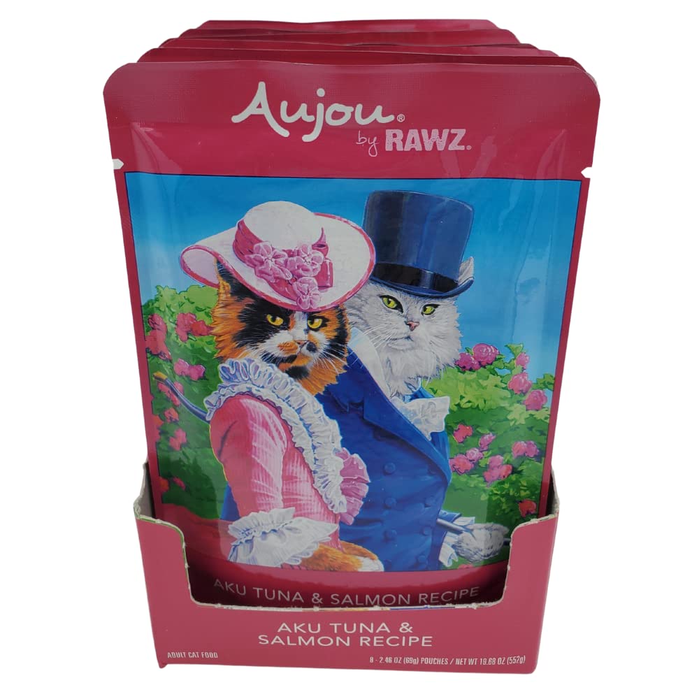 Rawz Aujou Aku tuna-salmon cat food packaging with BPA-free claim