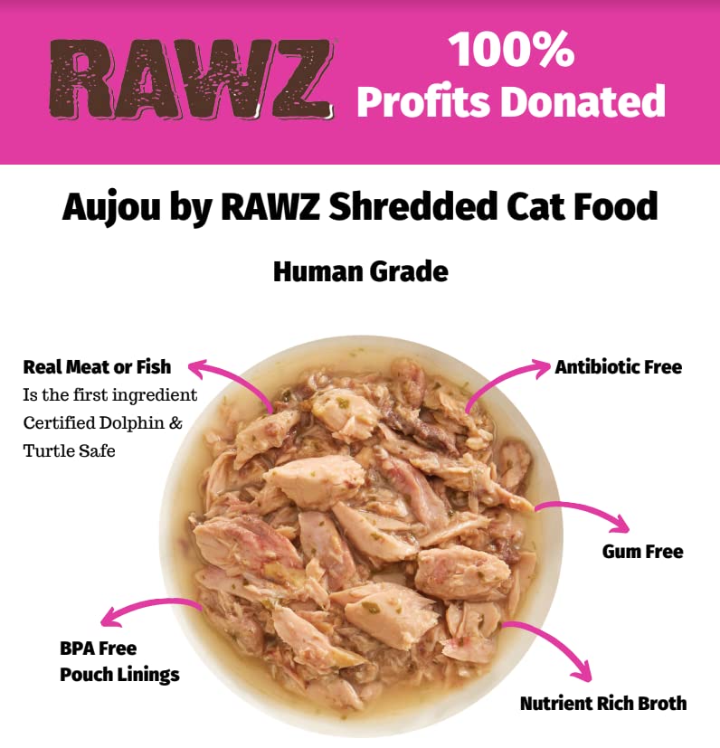 Rawz Aujou Aku tuna-salmon cat food pouch open for serving