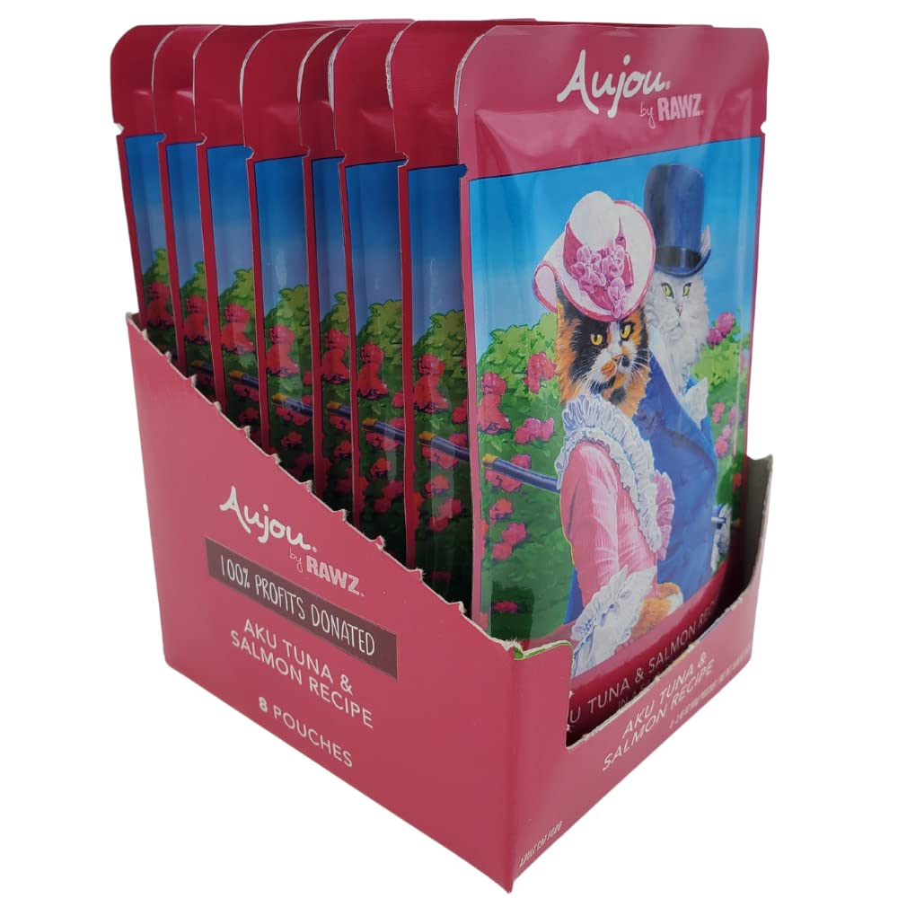 Rawz Aujou Aku tuna-salmon cat food pouches stacked in pantry