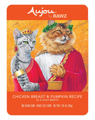Rawz Aujou cat food pouch close-up shows convenient packaging for quick meals