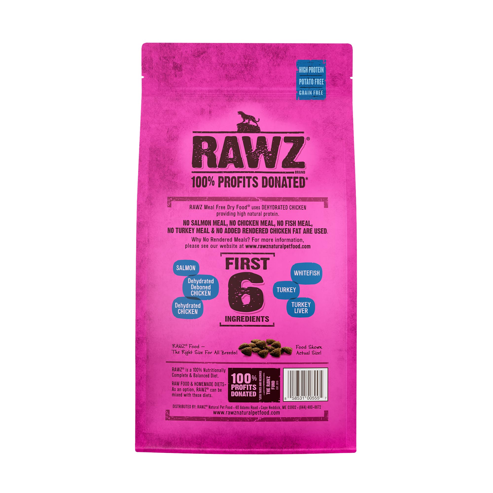 Rawz cat food bag close-up highlights grain-free and potato-free formula for sensitive tummies