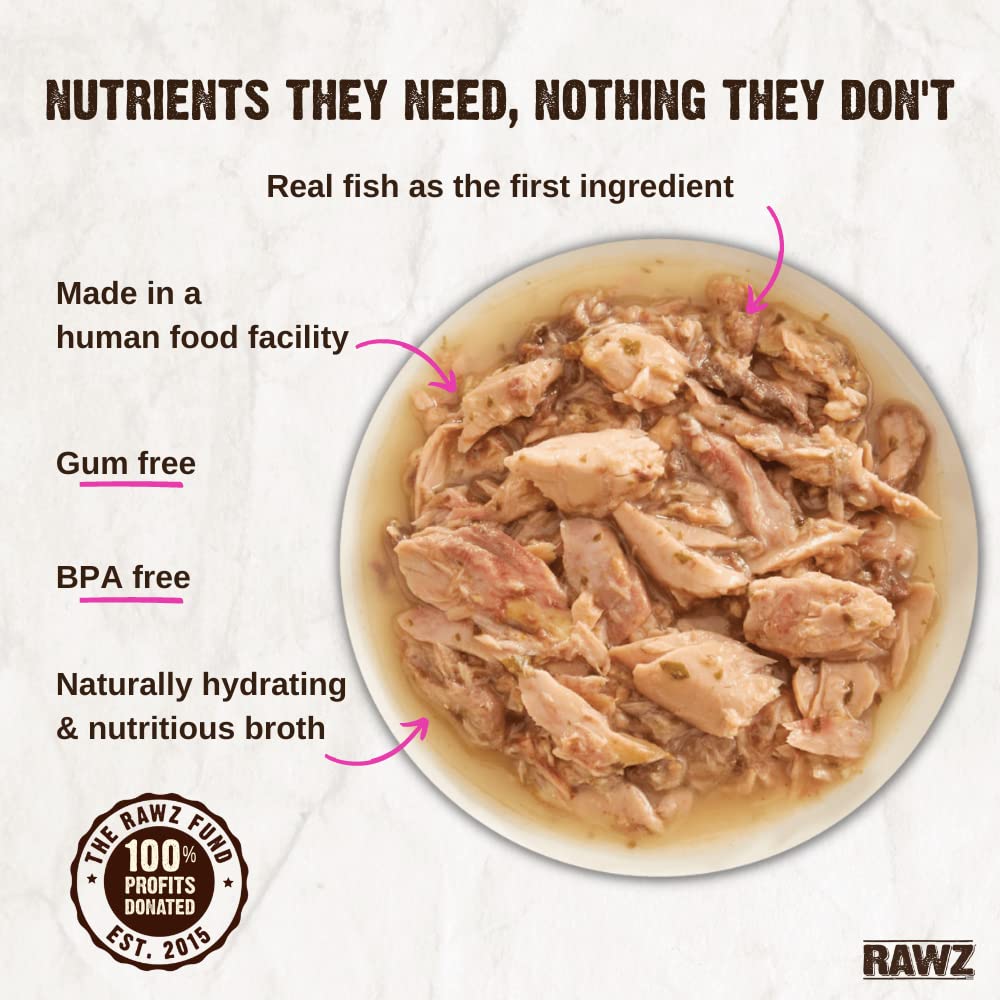 Rawz tuna-salmon cat food can demonstrates BPA-free and gum-free formulation
