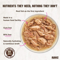 Rawz tuna-salmon cat food can demonstrates BPA-free and gum-free formulation