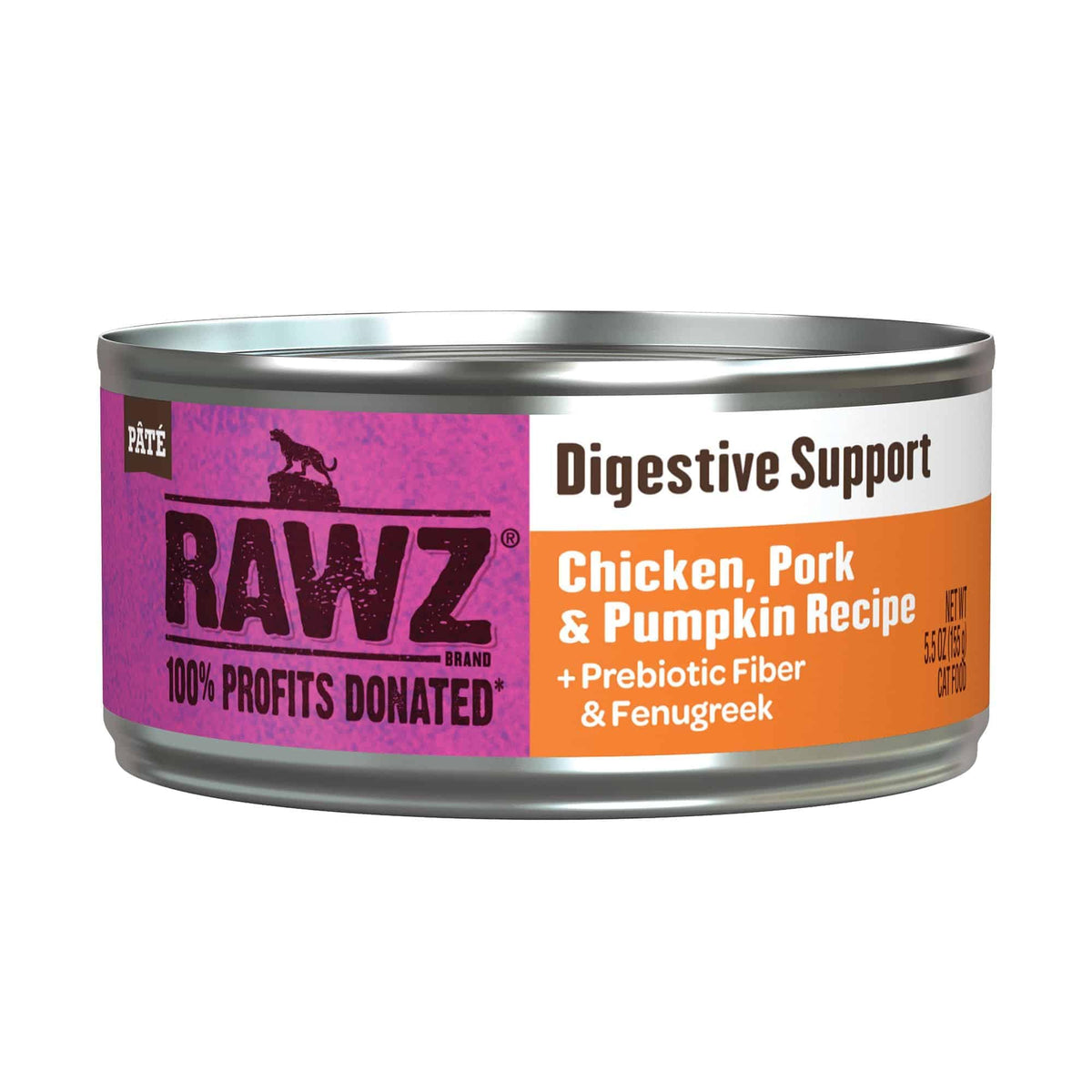 Rawz Digestive Support cat food can with real chicken and pumpkin promotes digestion.