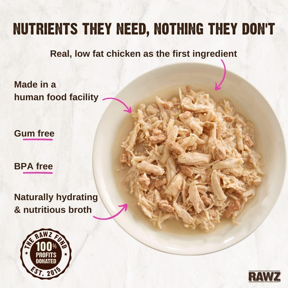 Rawz grain-free cat food closeup emphasizes grain-free recipe and meat-first nutrition.