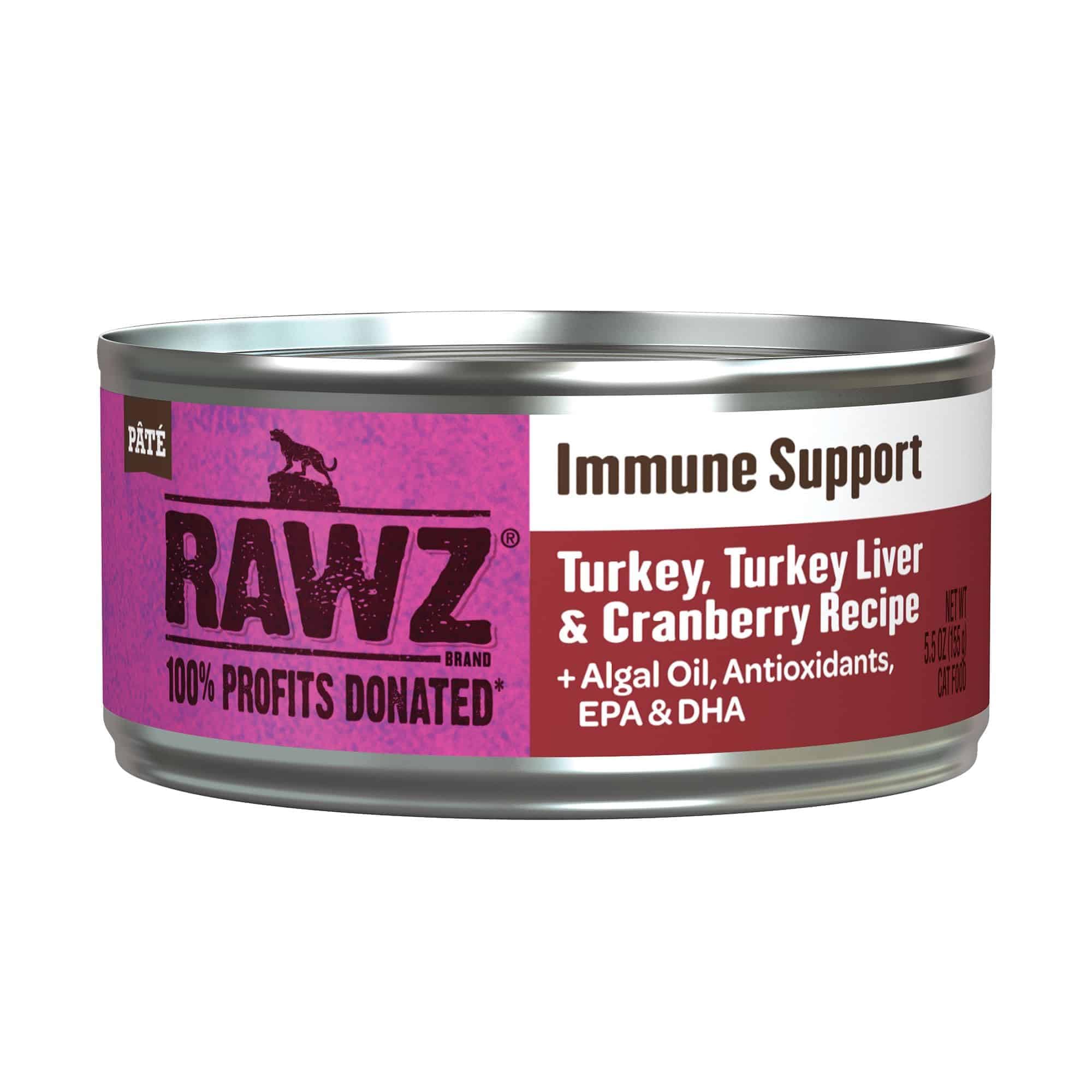 Rawz Immune Support cat food can with turkey liver and cranberry flavor for cats.