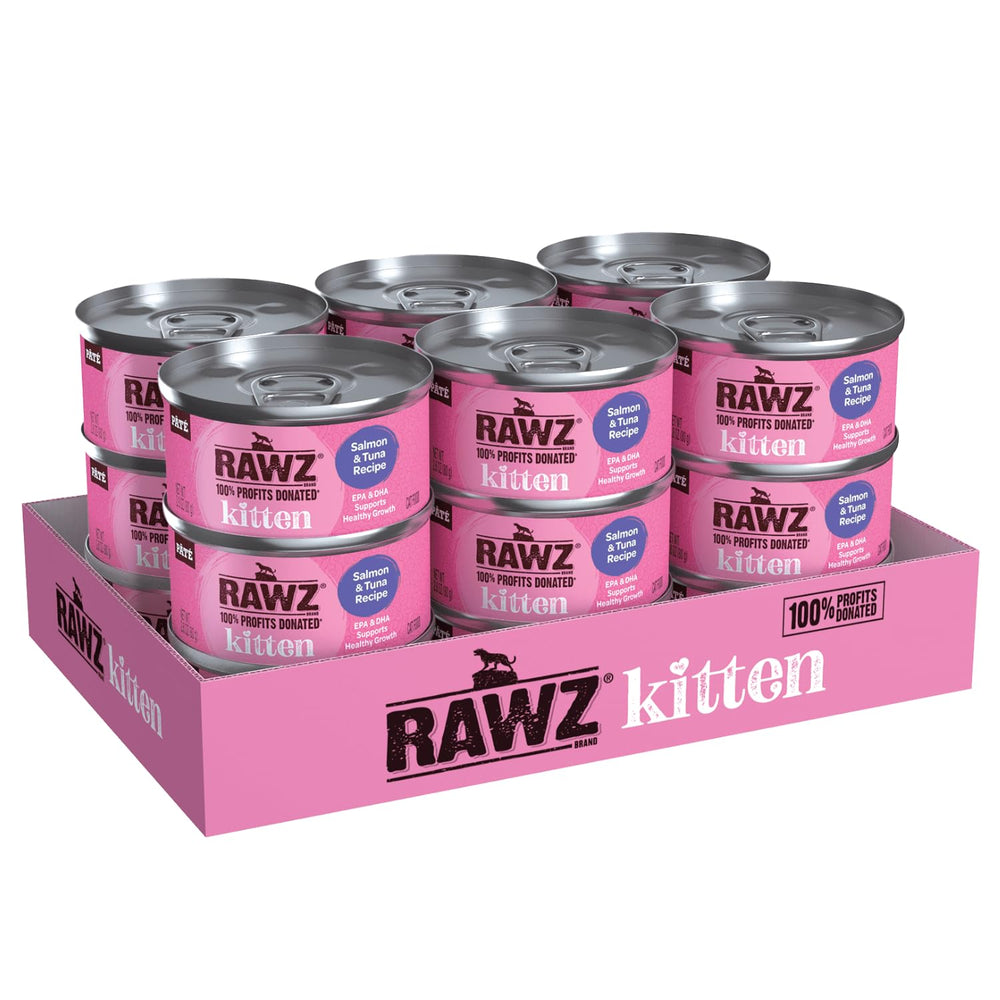 Rawz kitten pate salmon-tuna cans show real meat first ingredient for moist meals