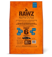 Rawz Meal Free Dry Dog Food closeup shows chicken pieces and fish proteins in kibble.