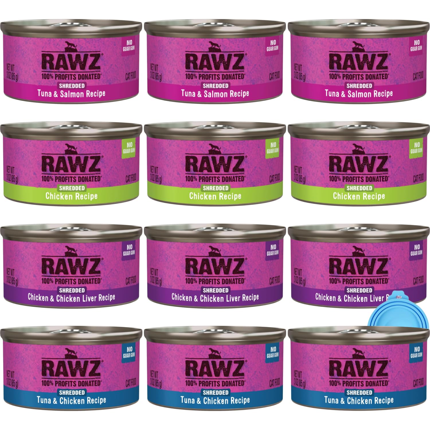 Rawz variety pack tuna-salmon image showing diverse flavors for cats.