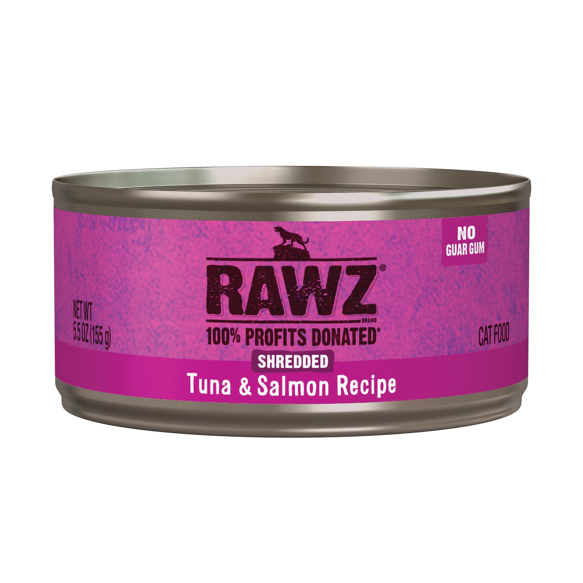 Rawz tuna-salmon shredded cat food packshot highlighting real meat ingredients for cats