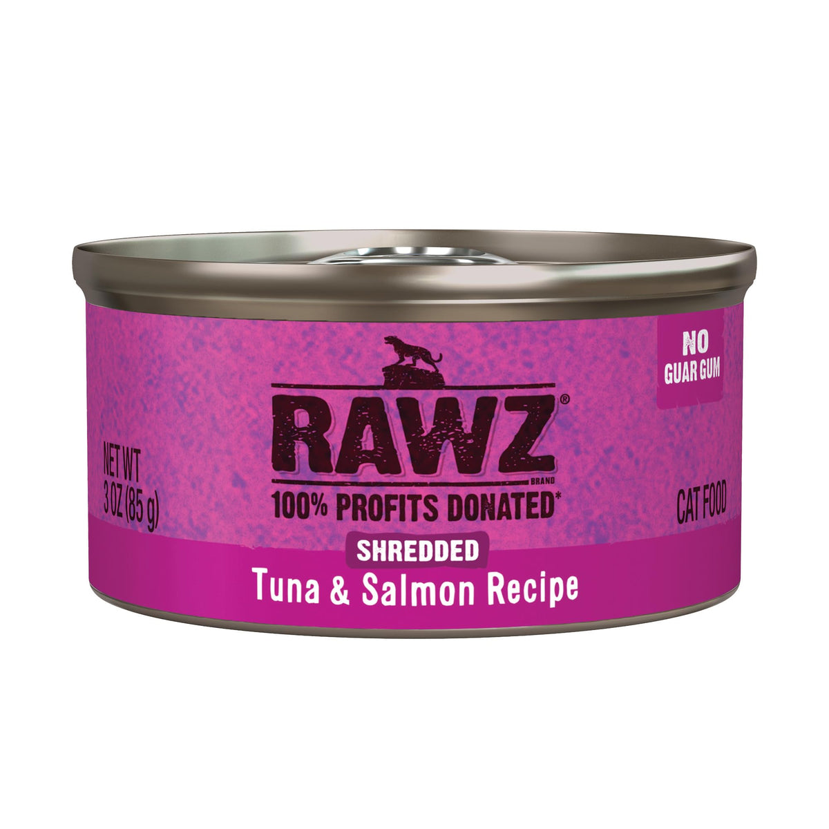 Rawz natural premium shredded cat wet food tuna-salmon can closeup showing real meat texture for cats.