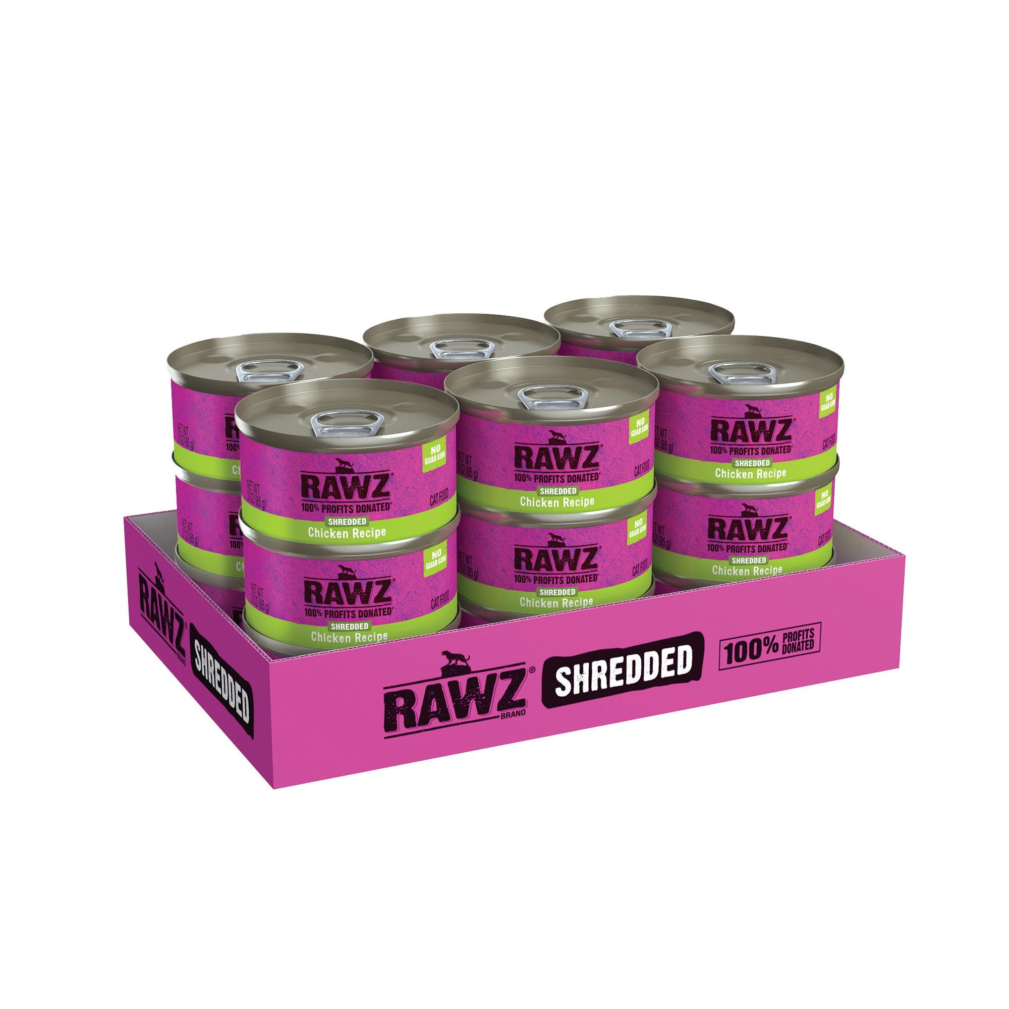 Rawz no-gums packaging highlights gum-free wet food option.