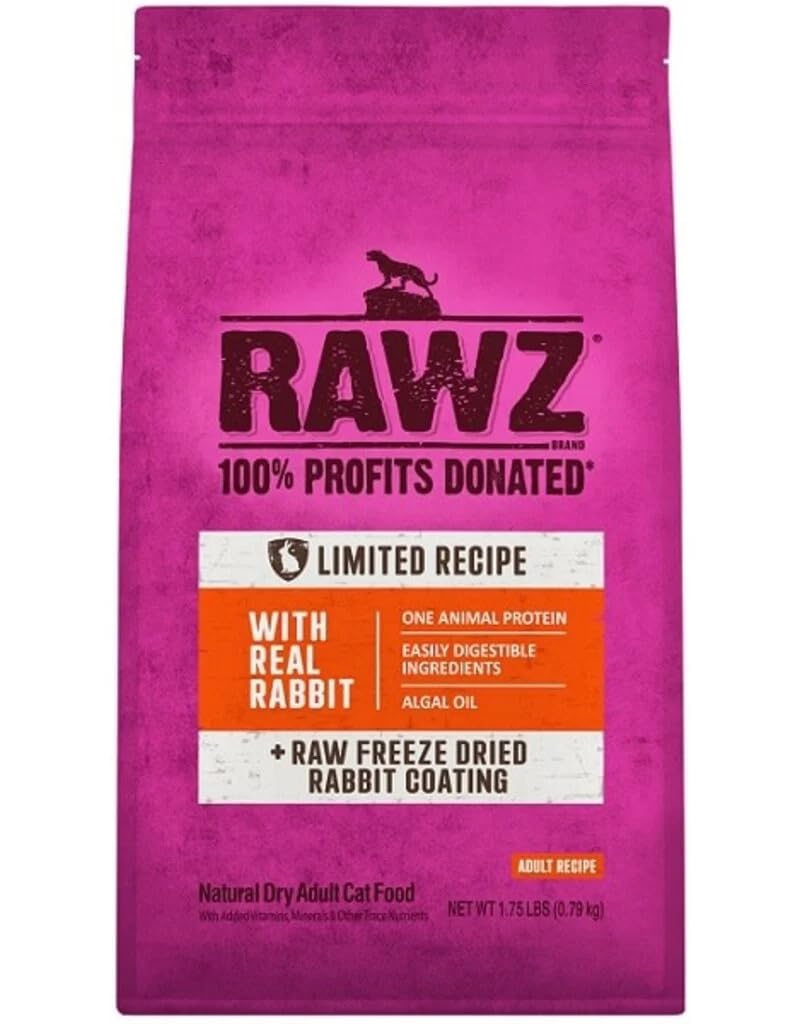 Rawz Real Rabbit Dry Cat Food bag front shows USA-made, protein-focused nutrition.