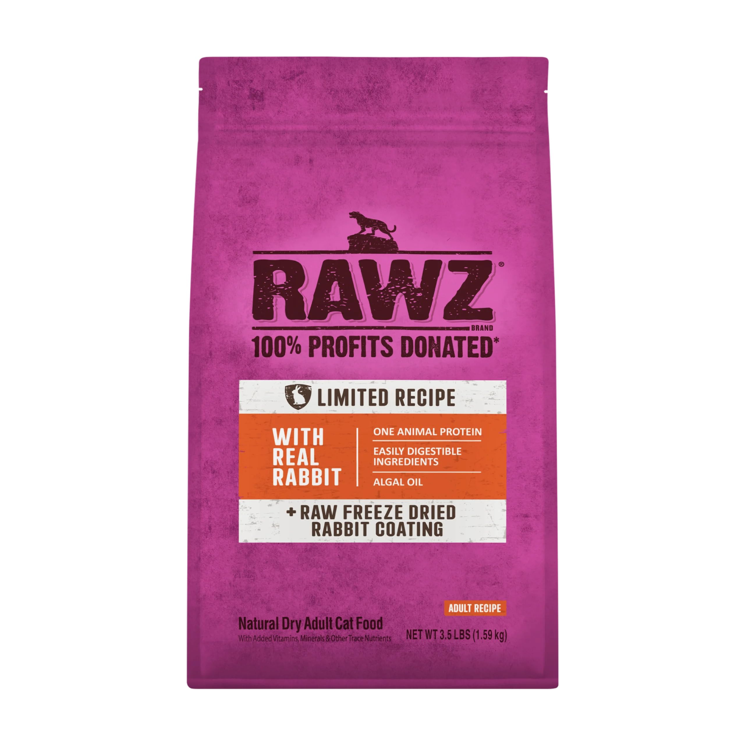 Rawz Real Rabbit dry food package front highlights premium USA-made cat nutrition.