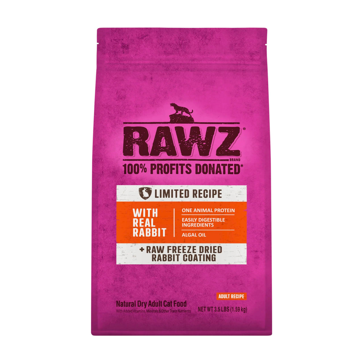 Rawz Real Rabbit dry food package front highlights premium USA-made cat nutrition.