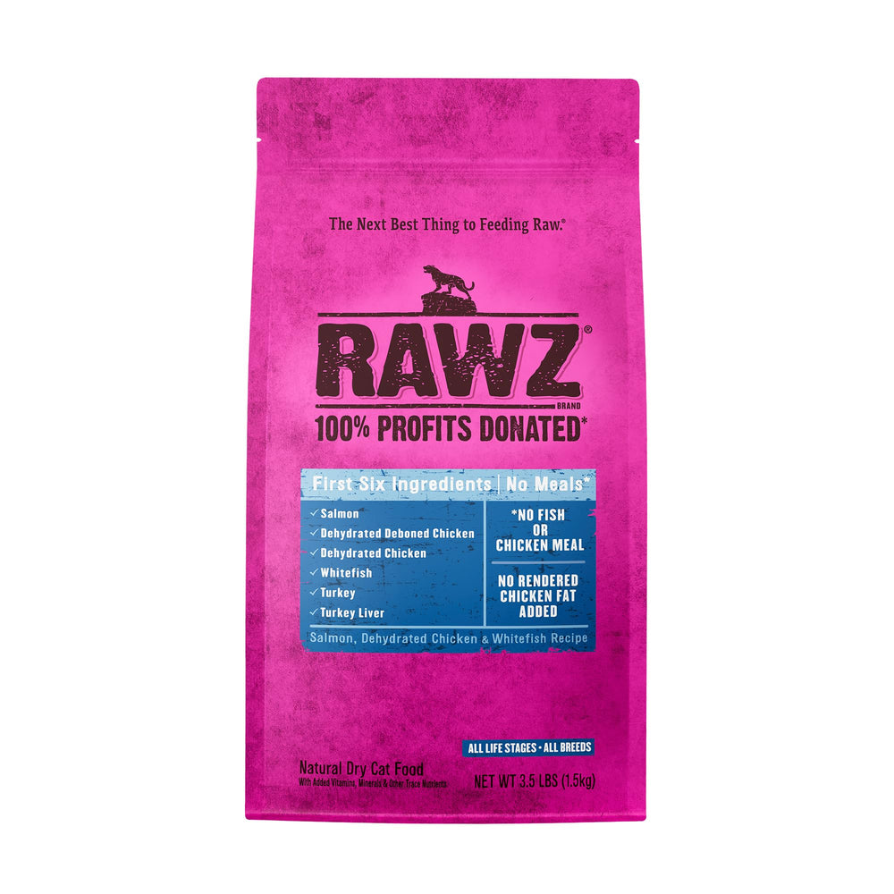 Rawz salmon-dehydrated-chicken-whitefish kibble in a bowl supports lean muscle and energy