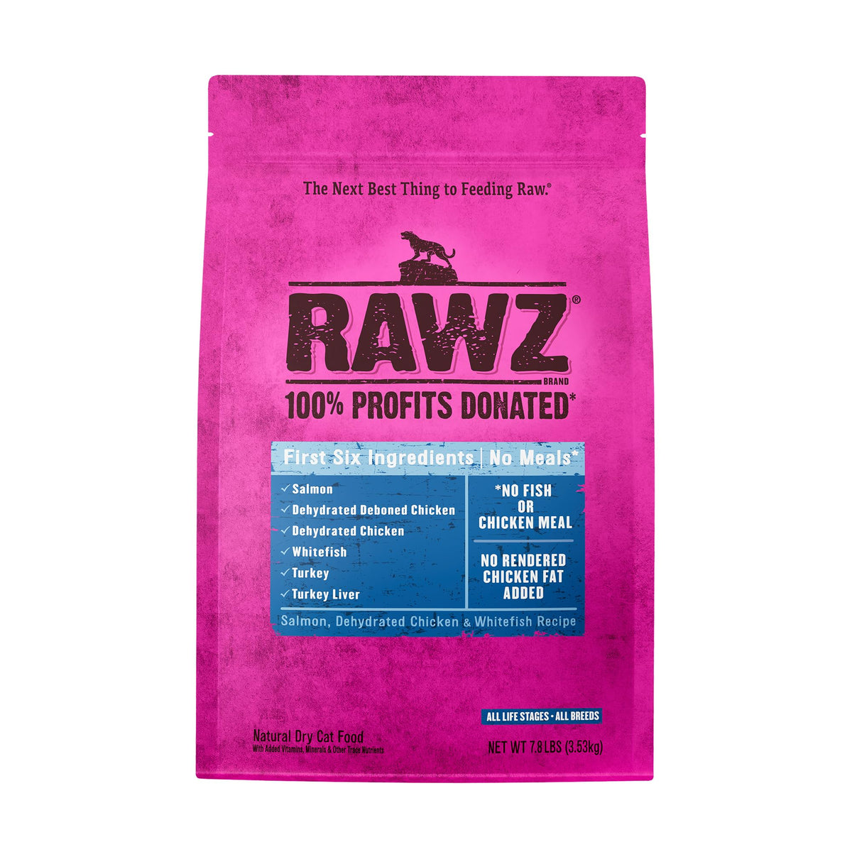 Rawz Salmon Dehydrated Chicken and Whitefish kibble close-up highlights high-protein nutrition for daily energy.