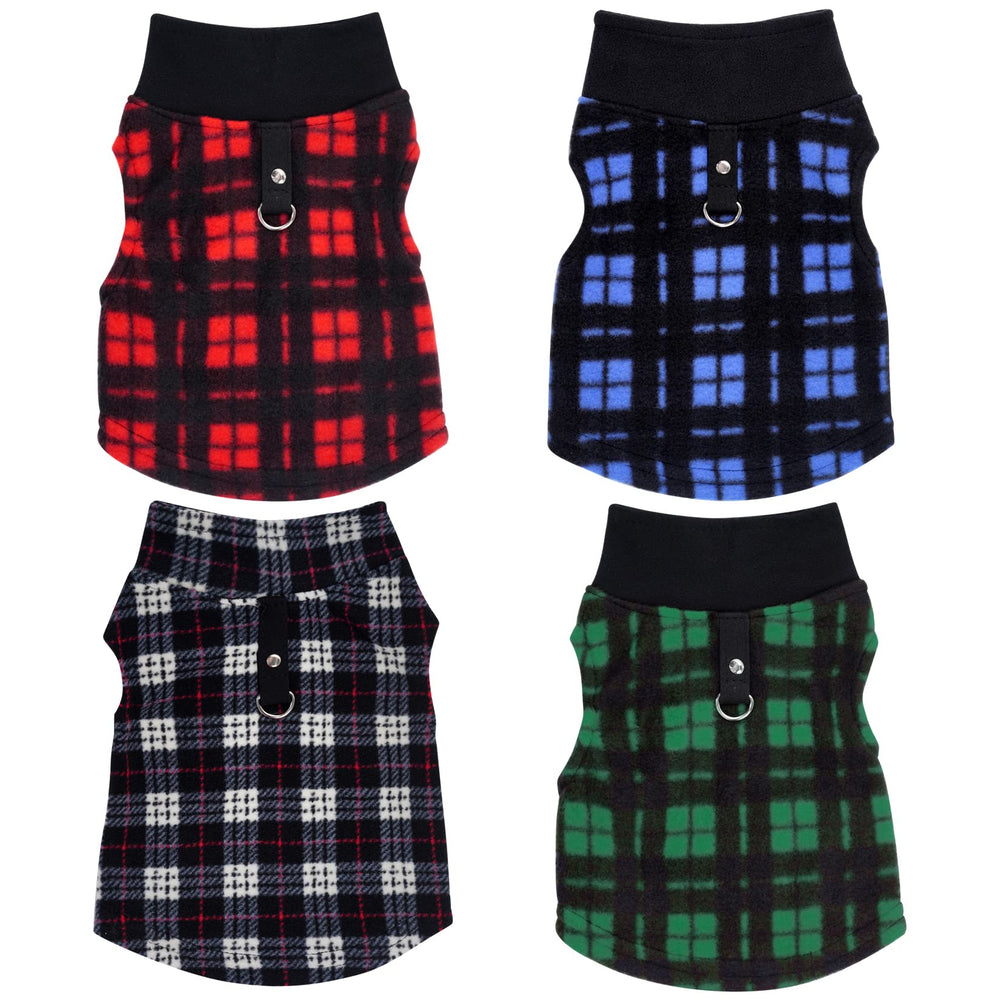 Rbenxia buffalo plaid dog sweater back view with leash ring for easy walking.