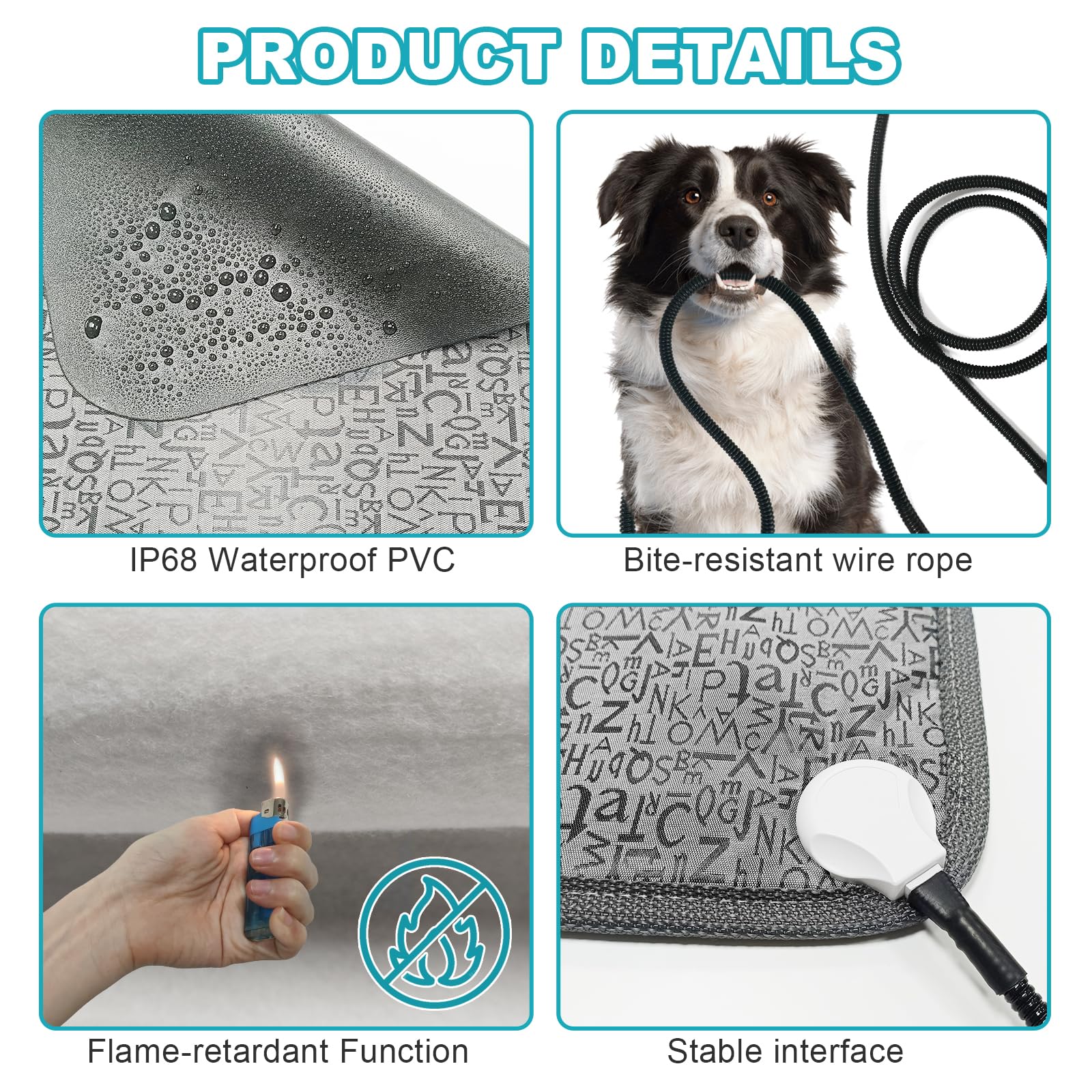 RC SLL dog heating pad layers view showcases 7-layer protection and UL approved wiring