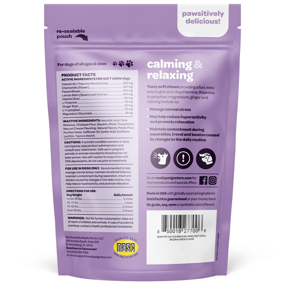 Ready Pet Go! Calming Chews in a bowl demonstrates a tasty, stress-relief option during travel.
