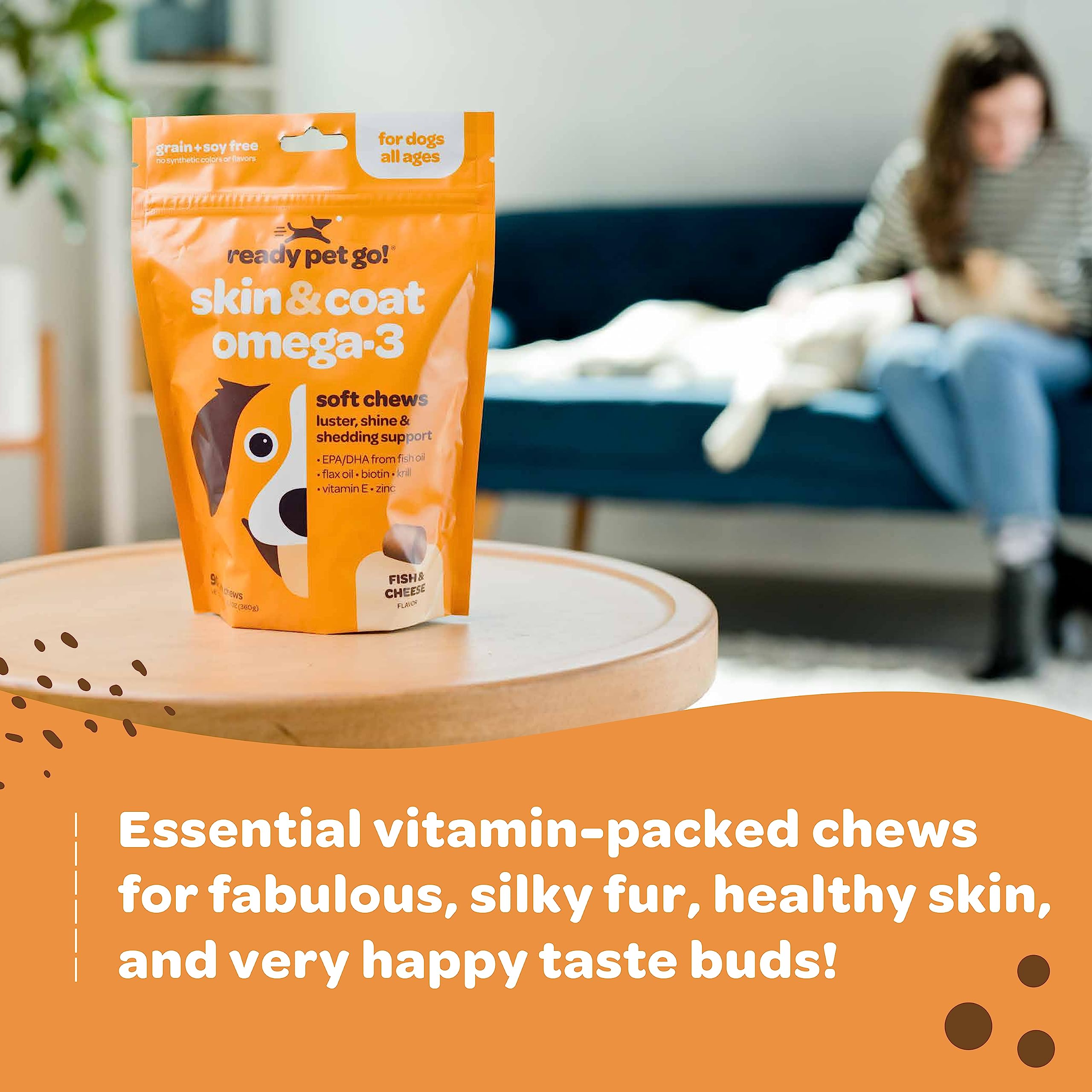 Ready Pet Go! coat improvement scene suggests visible benefits over time.