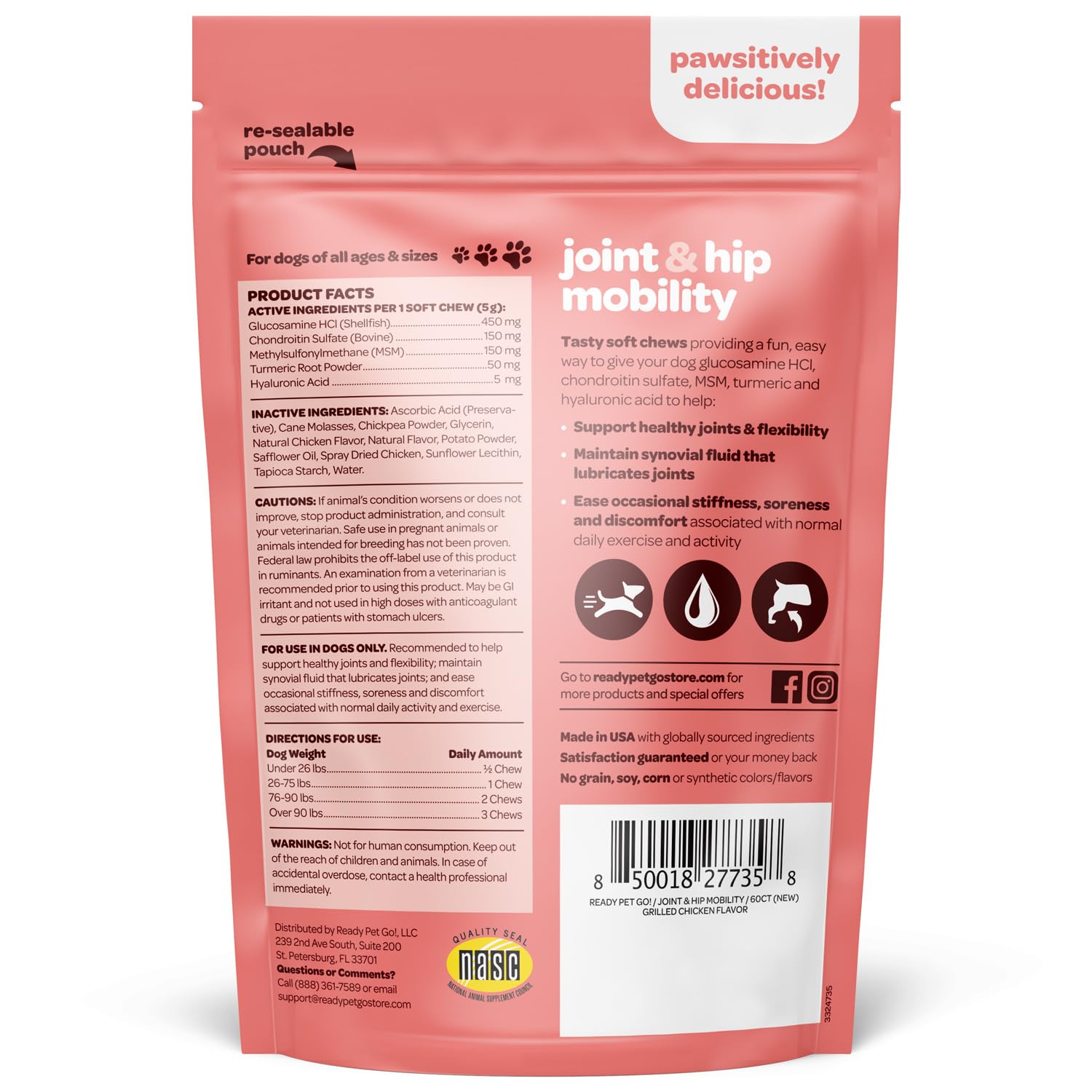 Ready Pet Go dog glucosamine chondroitin chews image emphasizes joint support ingredients
