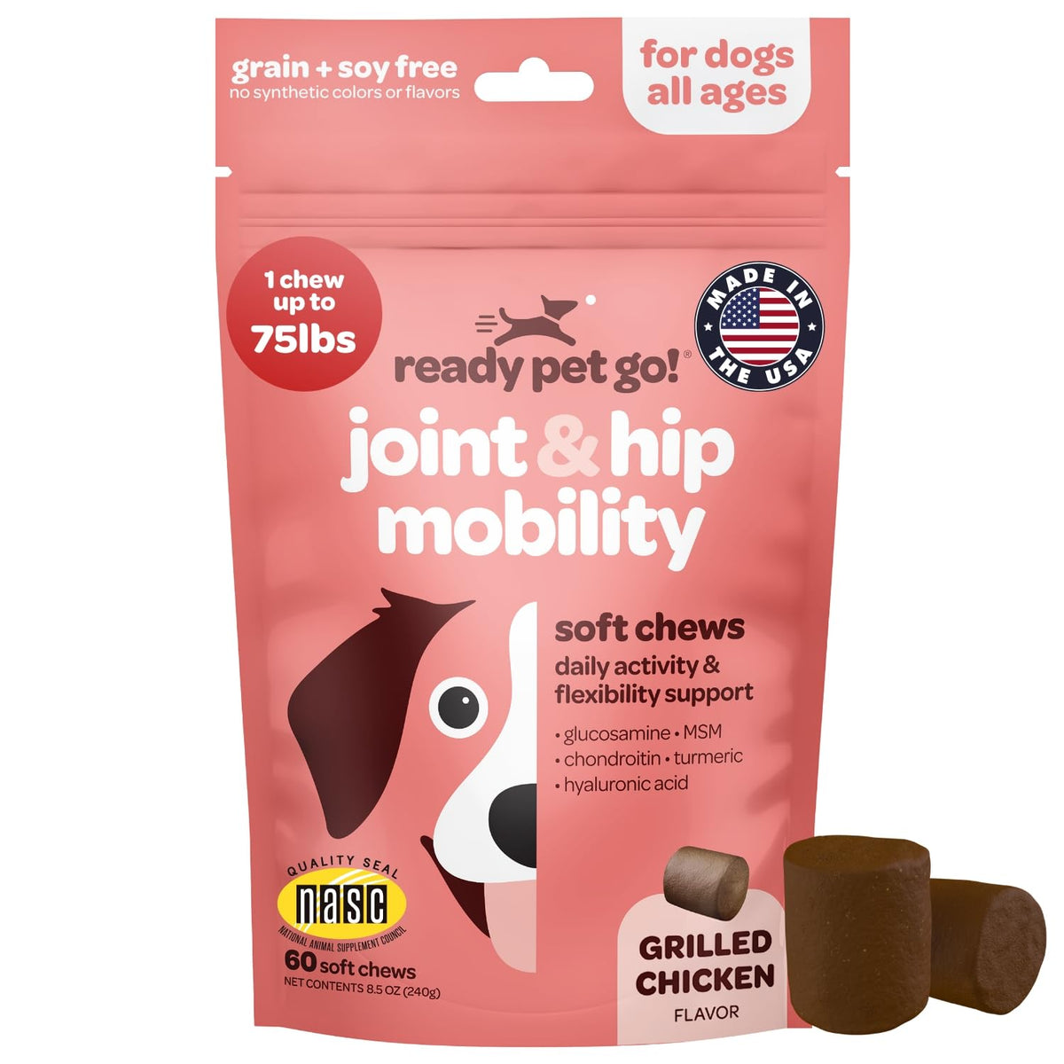 Ready Pet Go hip and joint chews tub highlights savory flavor for daily mobility support