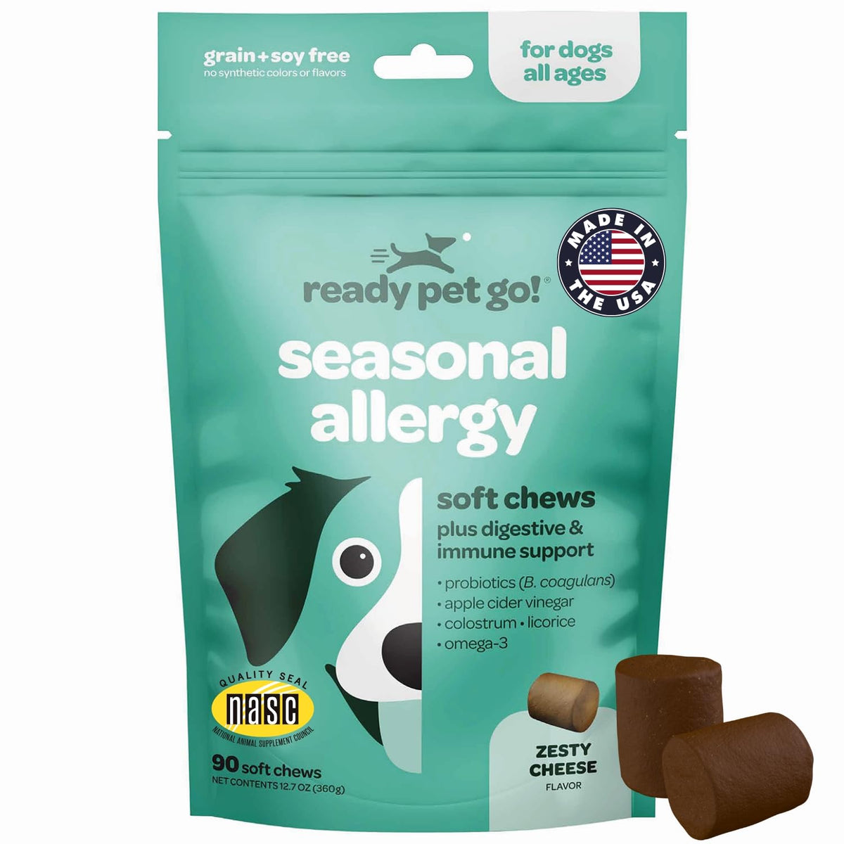 Ready Pet Go Immunity Dog Allergy Chews bottle shows a tasty, immune-supporting treat for dogs