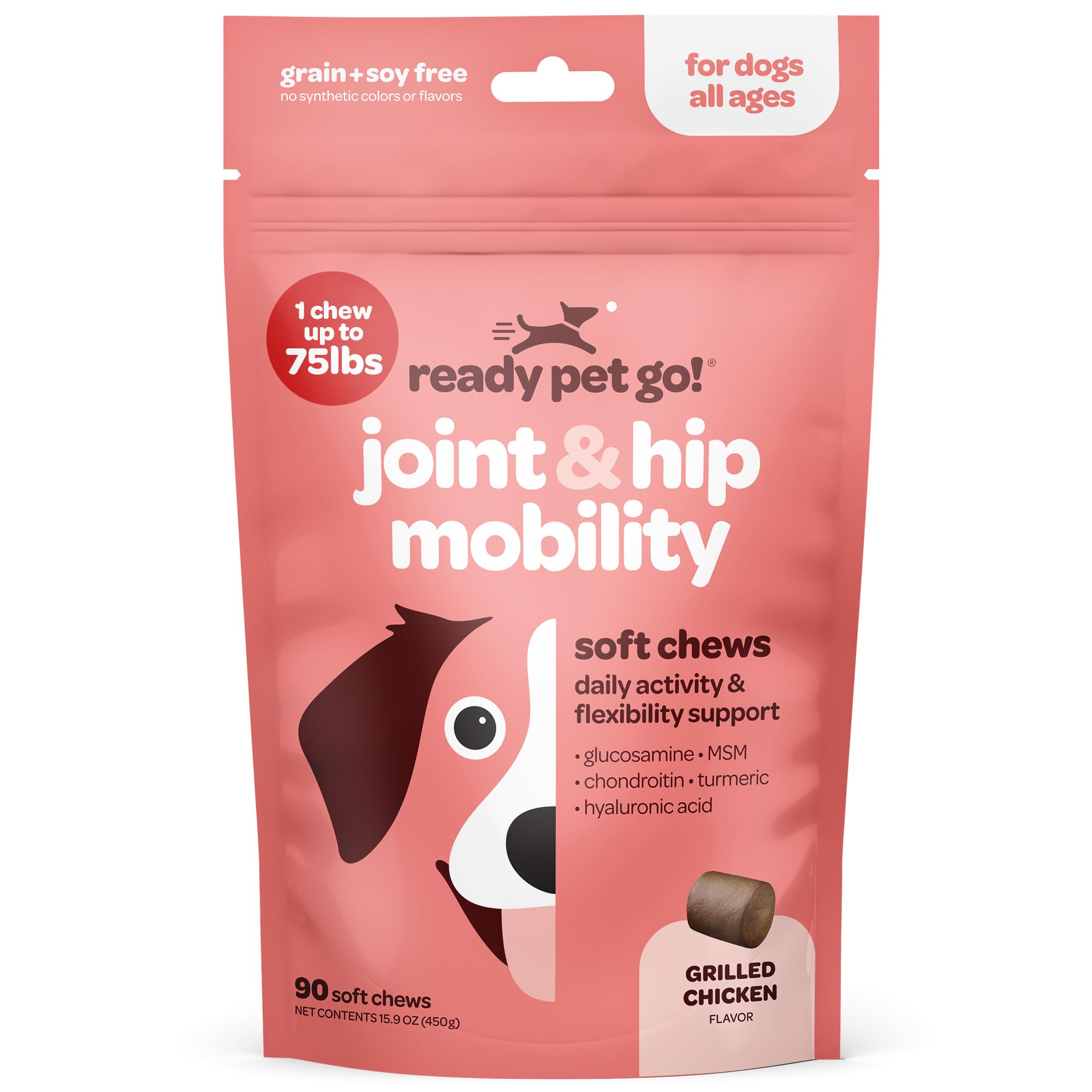 Ready Pet Go snout-tail benefits image blends turmeric and glucosamine for daily activity.