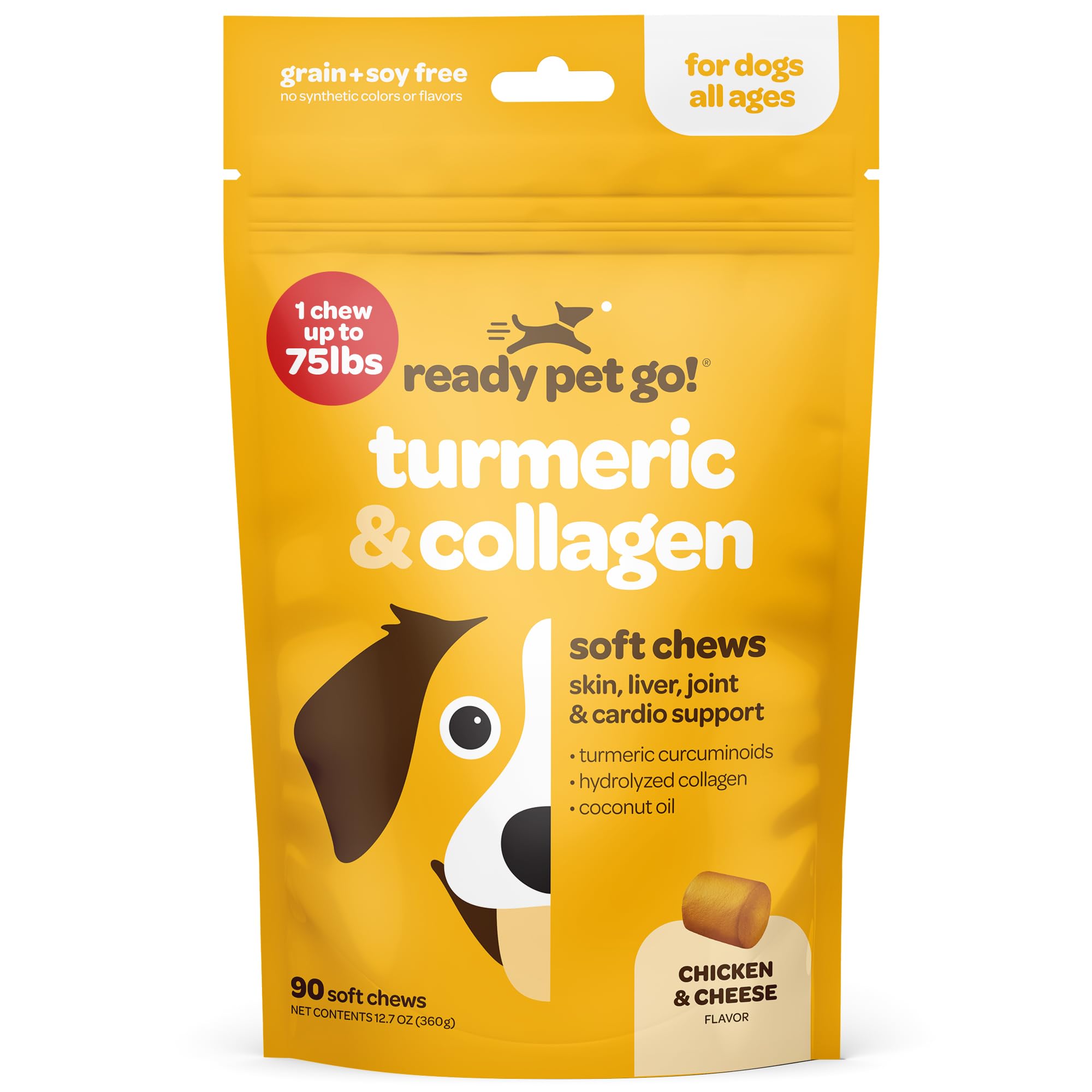 Ready Pet Go Turmeric for Dogs 90-count bottle ensures convenient daily dosing.
