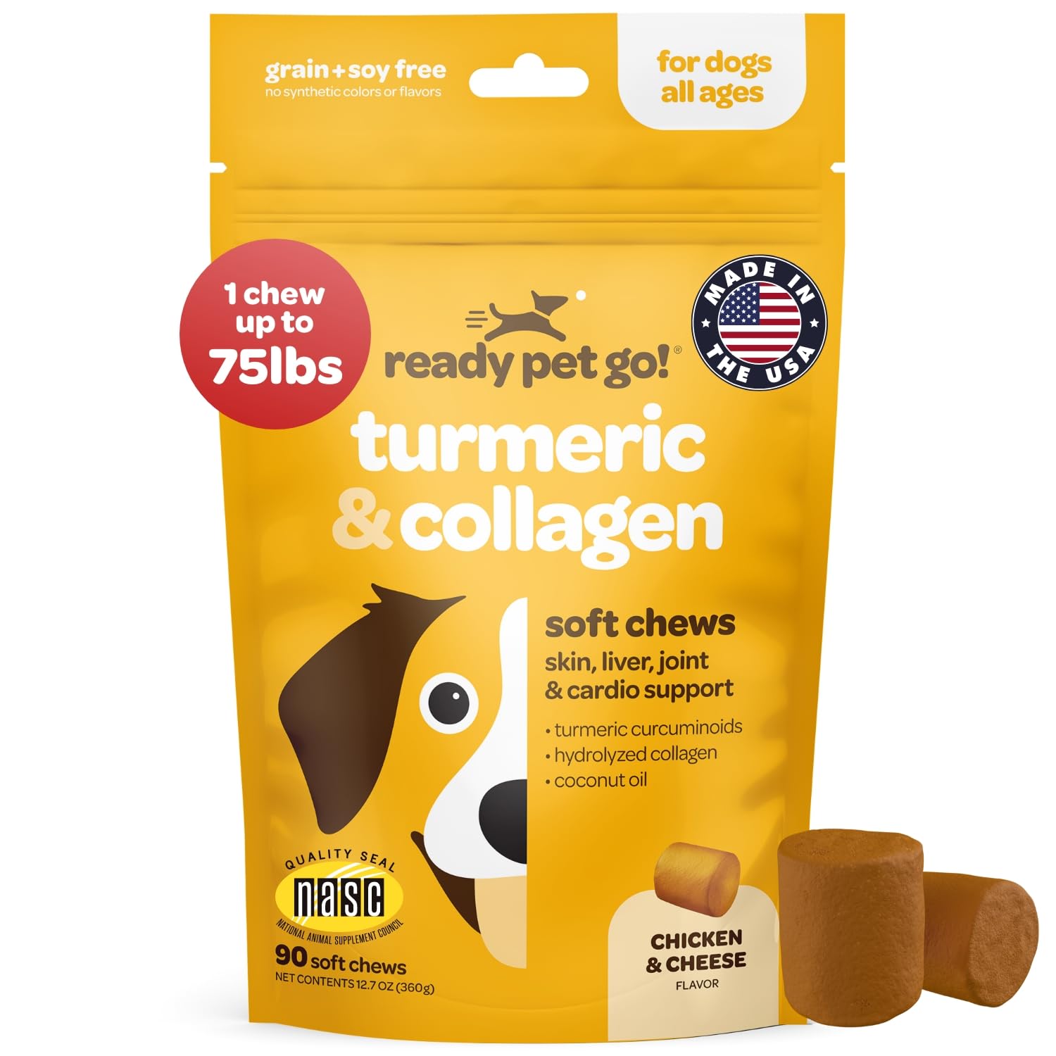 Ready Pet Go Turmeric for Dogs chews packaging clearly lists ingredients.