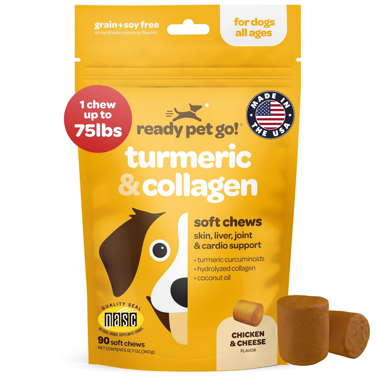 Ready Pet Go Turmeric for Dogs chews packaging clearly lists ingredients.