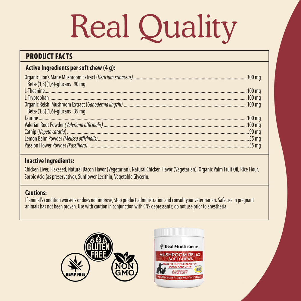 Real Mushrooms calming chews 60-count bottle highlight for multi-pet homes.
