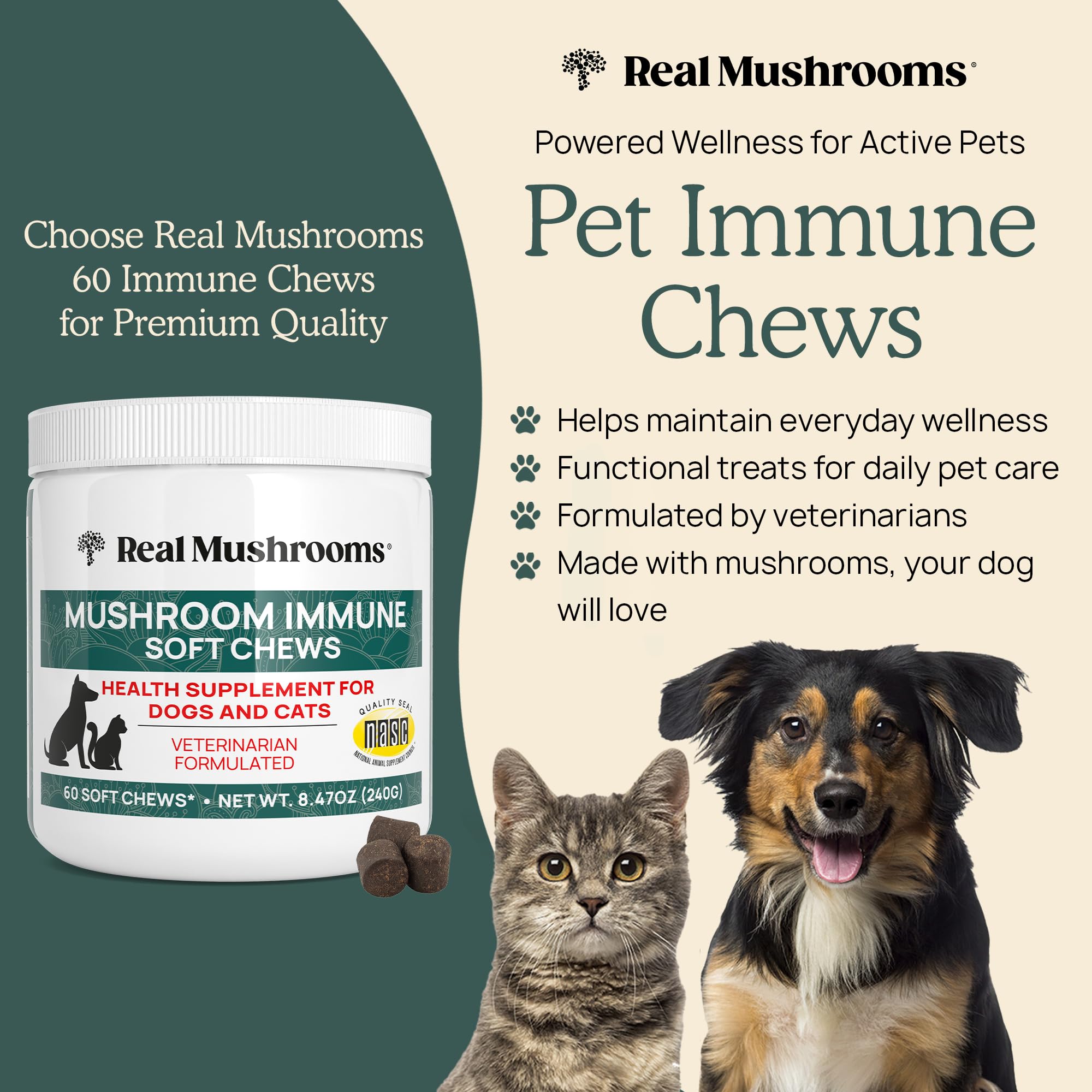Real Mushrooms Immune Pet Chews for cats support digestion and immune health.
