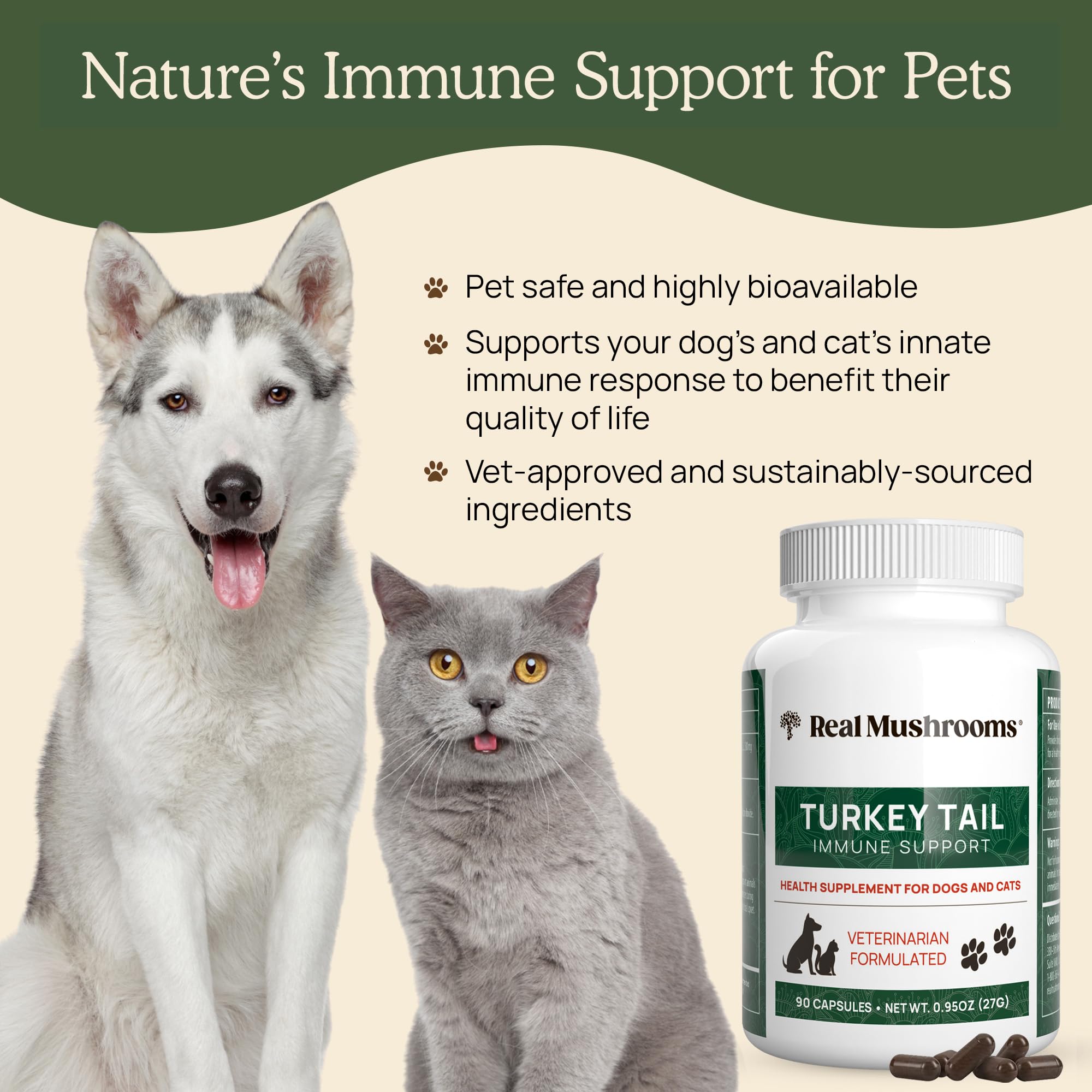 Real Mushrooms Turkey Tail label closeup emphasizes organic, non-GMO, and vet-reviewed quality.