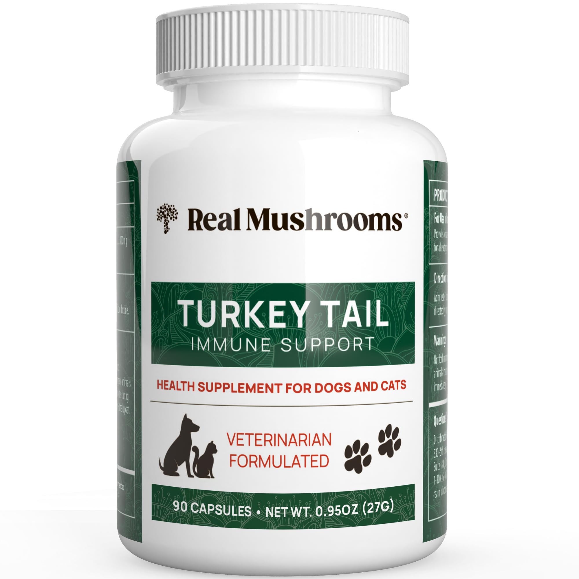 Real Mushrooms Turkey Tail pet bottle shows an organic supplement for daily pet balance.