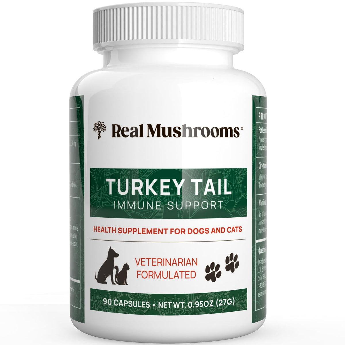 Real Mushrooms Turkey Tail pet bottle shows an organic supplement for daily pet balance.
